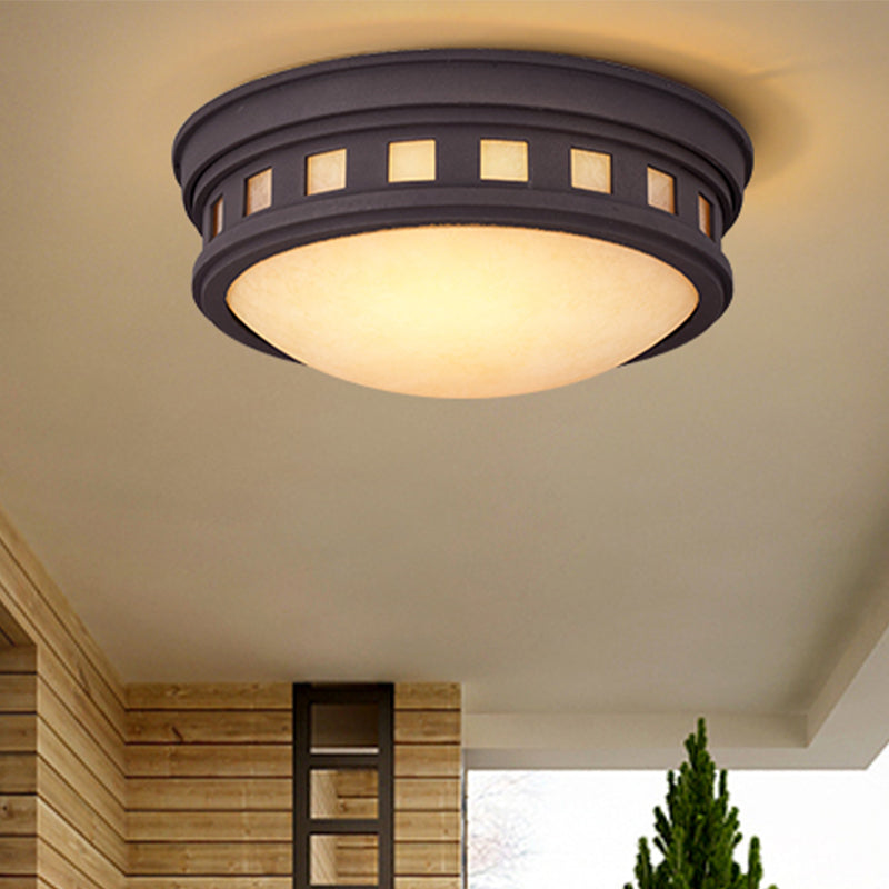 Rustic Metal Drum Flush Mount Ceiling Light With Opal Glass Bronze/Gold Outdoor Porch Lighting