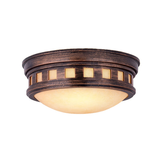 Rustic Metal Drum Flush Mount Ceiling Light With Opal Glass Bronze/Gold Outdoor Porch Lighting