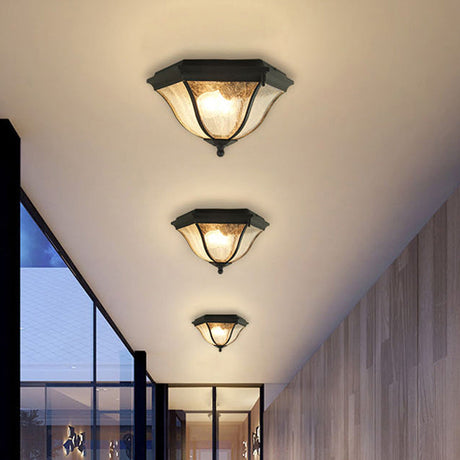Outdoor Geometric Flush Light With Seeded Glass Shades - Traditional Black Ceiling Fixture For