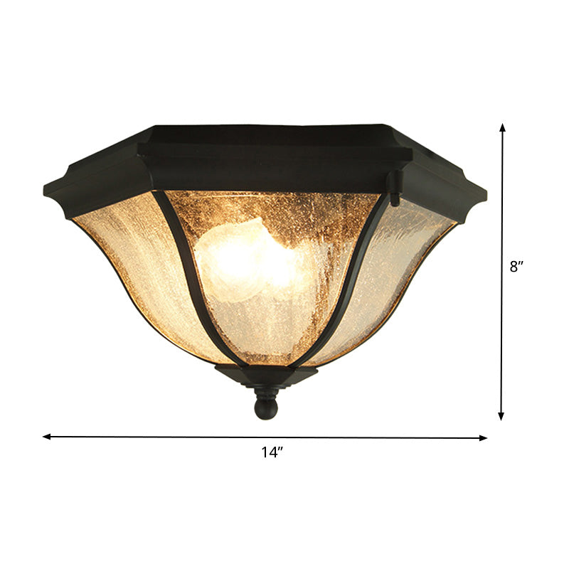 Outdoor Geometric Flush Light With Seeded Glass Shades - Traditional Black Ceiling Fixture For