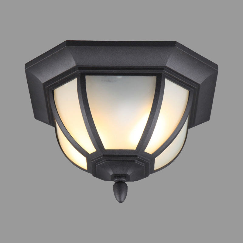 Opal Glass Industrial Flush Ceiling Light - Outdoor Black Mount With 2 Lights