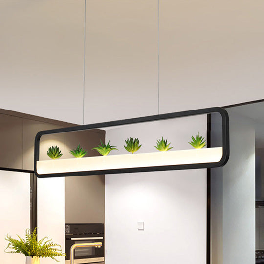 Modern Led Metal Rectangular Chandelier 27.5 Wide Ceiling Hung Light In White/Black With Artificial