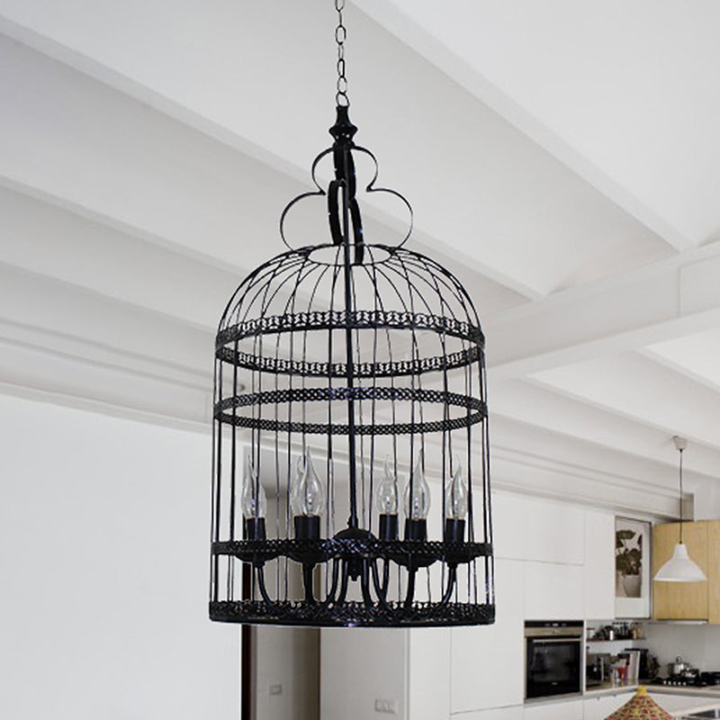 Industrial Style Bird Cage Hanging Light With Candle - Black Metallic Chandelier Lamp For Bedroom