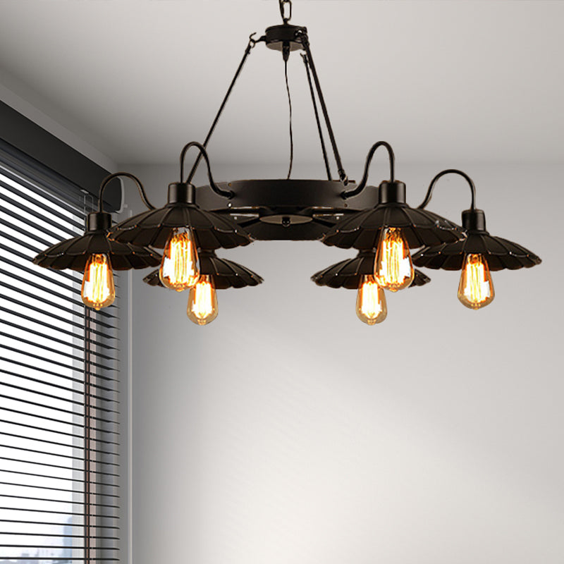 Vintage Style Restaurant Chandelier - 6 Head Down/Up Light With Scalloped Shade In Black