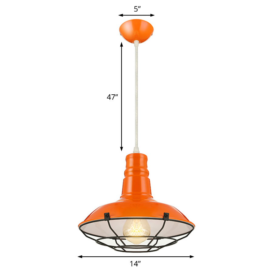 Industrial Metal Pendant Light Fixture With Wire Guard - Orange/Blue/Green Bowl Design