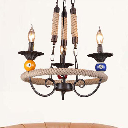 Industrial Metal Hanging Lamp: Roped Ring Bar 3/6 Lights Rust Chandelier With Billiard Ball
