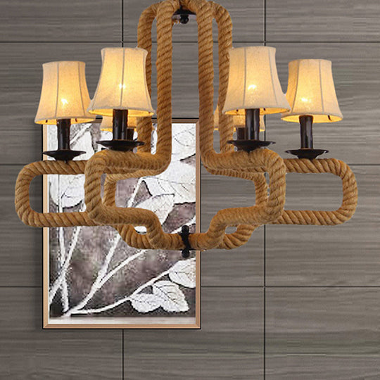 Hanging Chandelier Light With Bell Fabric Shades Loft Style 6 Heads Brown Rope Detail - Perfect For