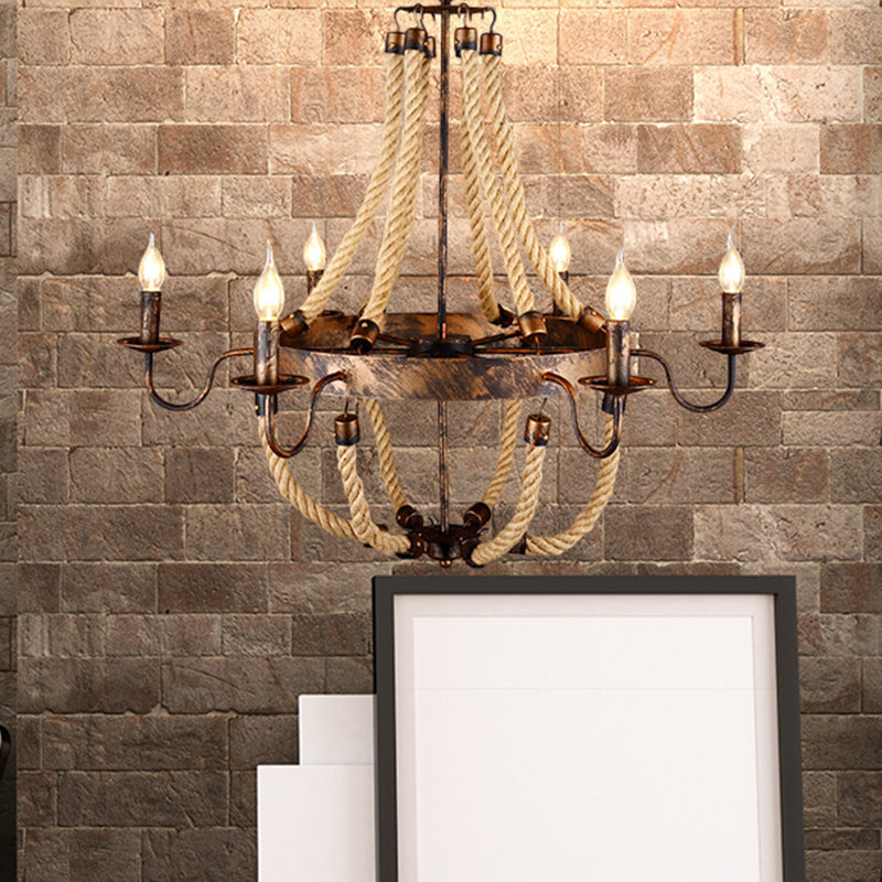 Farmhouse Style Indoor Hanging Lamp | Flameless Candle Iron Chandelier With 6 Lights And Hemp Rope
