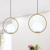 Retro Industrial Gold Suspension Light - 1 Head Ring Pendant With Opal Glass Shade 12/14 Width