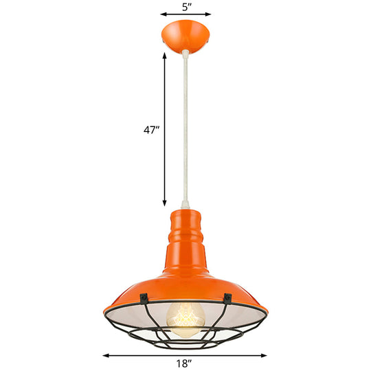 Industrial Metal Pendant Light Fixture With Wire Guard - Orange/Blue/Green Bowl Design