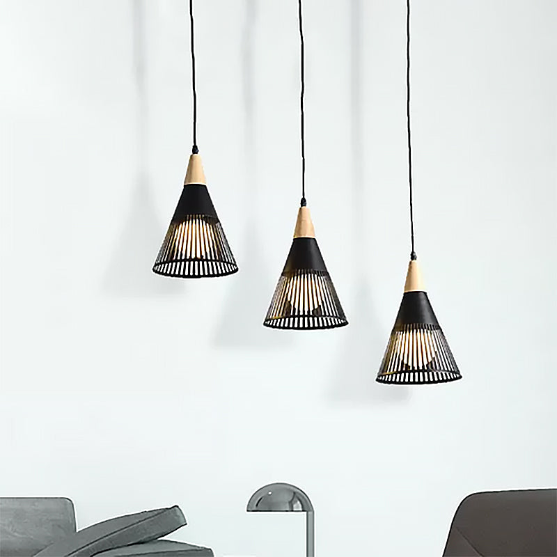 Nordic Cone Ceiling Light - 3 Head Metal And Wood Pendant Lighting With Wire Frame Linear/Round