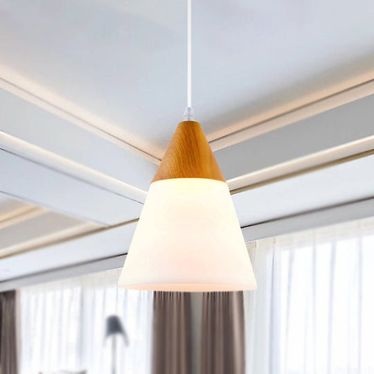 Modern Cone Milk Glass Suspension Pendant - Natural Wood Hanging Light Fixture (1-Light 5/7.5/10.5