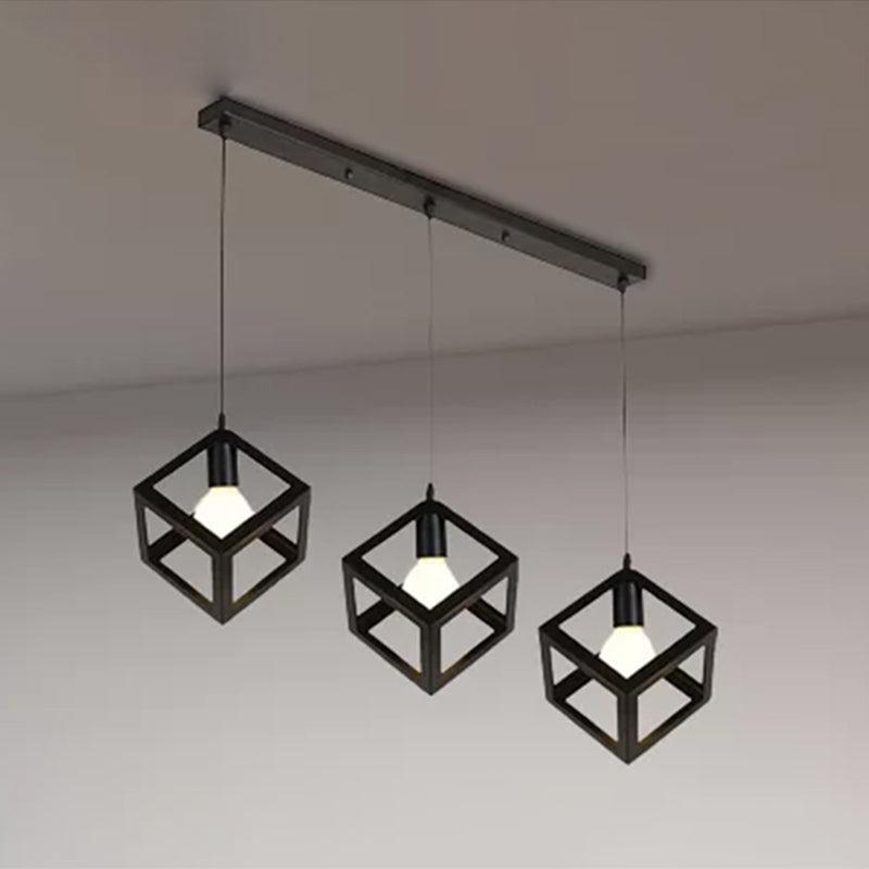 Metal Industrial Pendant Light With Wire Cage Shade - 3 Bulbs Black/White Living Room Ceiling Lamp