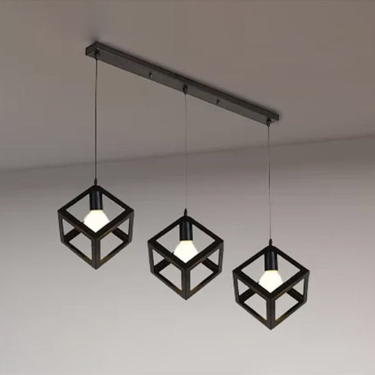 Metal Industrial Pendant Light With Wire Cage Shade - 3 Bulbs Black/White Living Room Ceiling Lamp