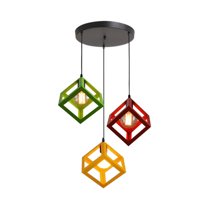 Metal Industrial Pendant Light With Wire Cage Shade - 3 Bulbs Black/White Living Room Ceiling Lamp