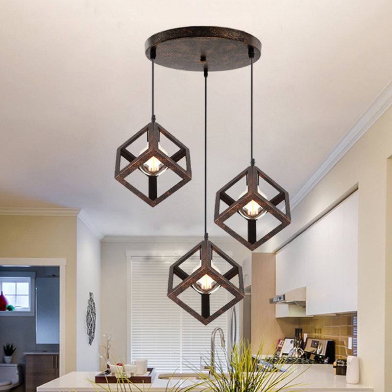 Metal Industrial Pendant Light With Wire Cage Shade - 3 Bulbs Black/White Living Room Ceiling Lamp