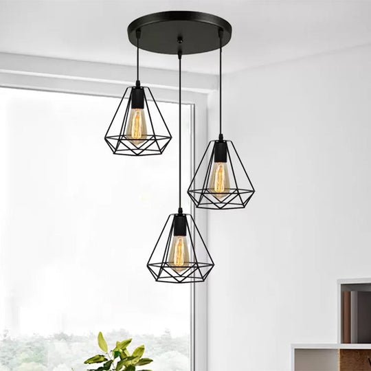 Vintage Industrial Metal Teardrop Cage Pendant Light With 3 Lights For Living Room - Black