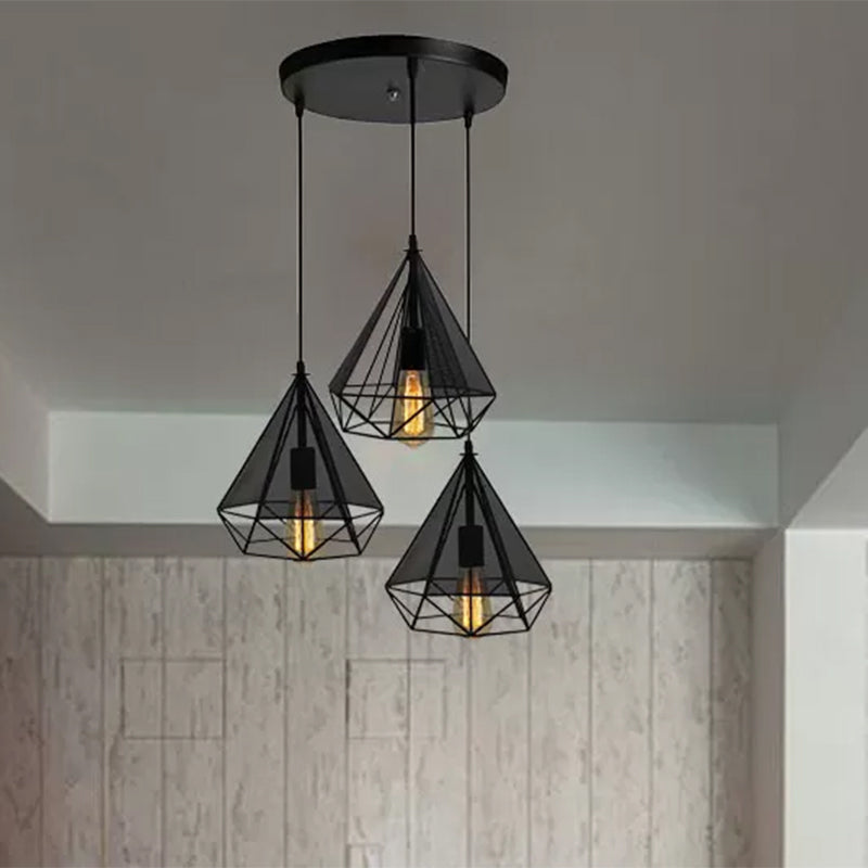 Retro-Style Black Diamond Hanging Light With 3 Metallic Heads - Dining Room Pendant Lighting