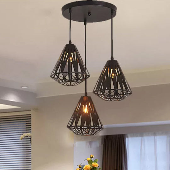 Stylish Wire Cage Suspension Light With Diamond Shade - Loft 3-Head Metal Ceiling Fixture