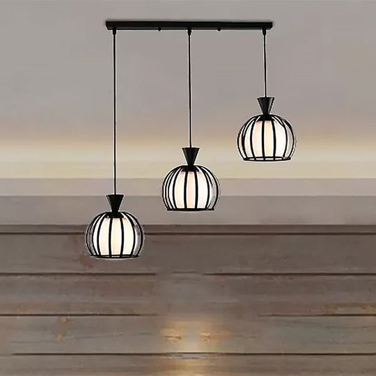 Retro Metal Dome Cage Pendant Light With Milk Glass Shade - 3 Bulb Indoor Hanging Fixture In