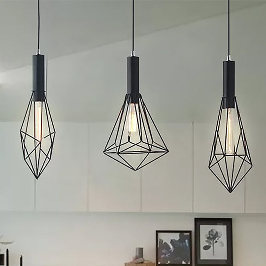 Retro Style Polygon Ceiling Light With Cage Shade - 3 Lights Black Metallic