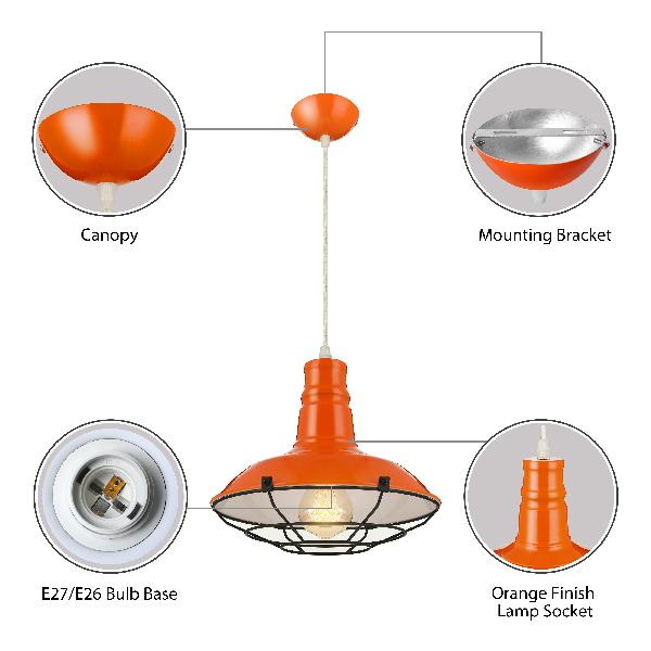 Industrial Metal Pendant Light Fixture With Wire Guard - Orange/Blue/Green Bowl Design