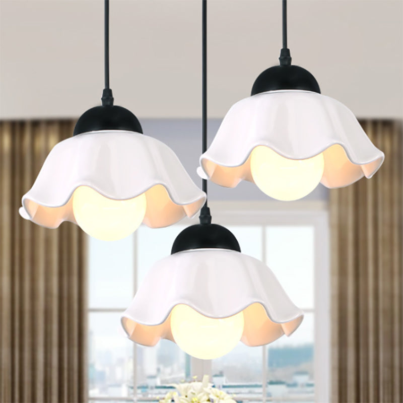 White Glass Flower Shade Pendant Light For Dining Room With Loft Style