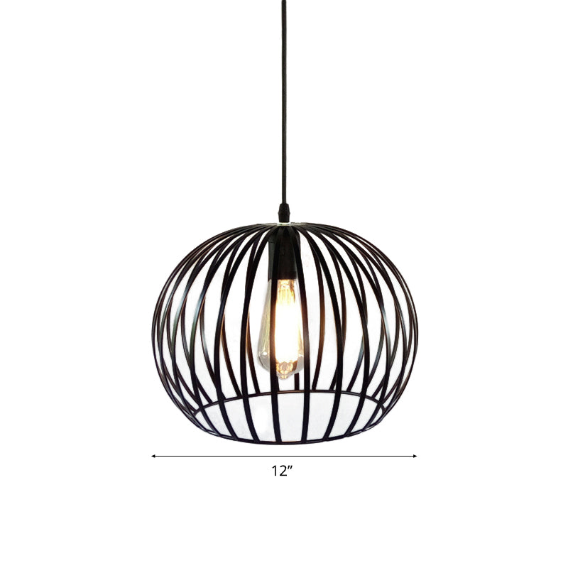 Industrial Metal Pendant Light In Satin Black - 12’/14’ Wide Globe Cage 1 Bulb Perfect For