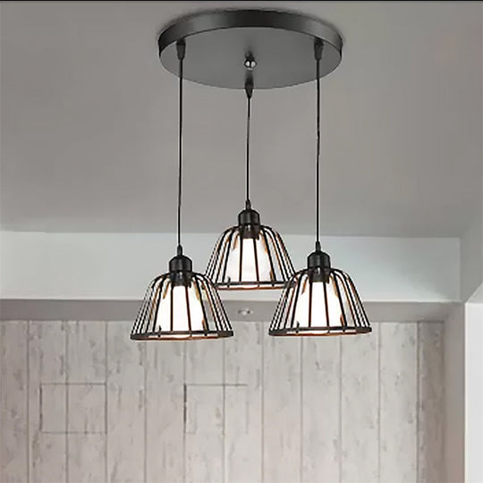 Black Metal Frame Dome Pendant With 3 Light Bulbs For Kitchen Ceiling