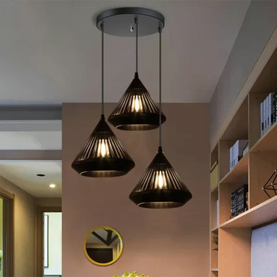 Modern Black Conical Pendant Light With 3 Suspension Lights For Dining Room