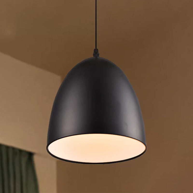 Retro Style Domed Pendant Lamp - 10/12 Inch Wide Metallic Fixture In White/Black For Kitchen