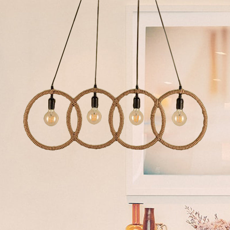 Black Finish Lodge Style Four-Ring Pendant Light With Manila Rope - 4 Lights For Coffee Shop