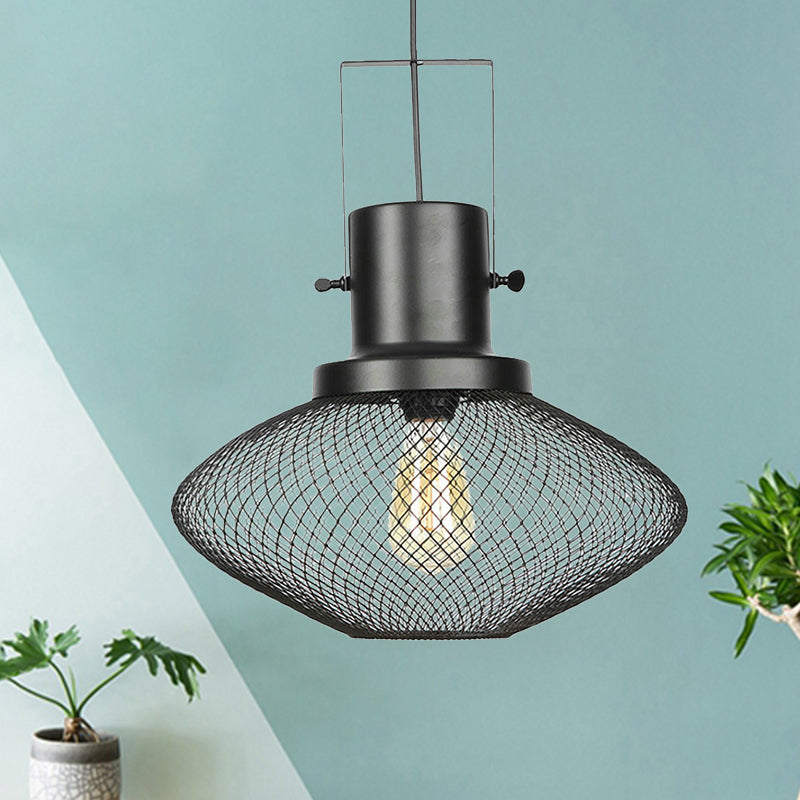 Industrial Metal Pendant Light - Mesh Cage 1-Light Black Shade Living Room Hanging Lamp / C