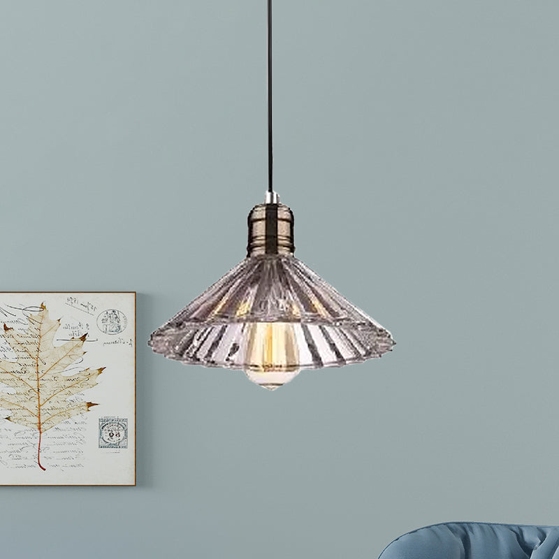 Farmhouse Pendant Light: Cone-Shaped Ribbed Glass Fixture In Bronze/Brass