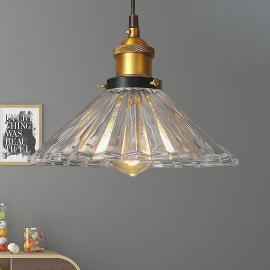 Farmhouse Pendant Light: Cone-Shaped Ribbed Glass Fixture In Bronze/Brass