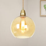Amber Glass Industrial Pendant Light In Brass Various Sizes