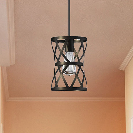 Stylish Vintage Cylinder Cage Pendant Light - Black Metal Ideal For Dining Rooms
