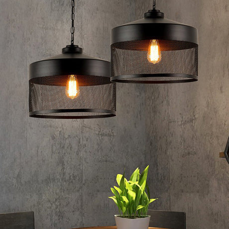 Metal Hanging Light Industrial Style With Black Mesh Drum Shade - Restaurant Pendant Fixture
