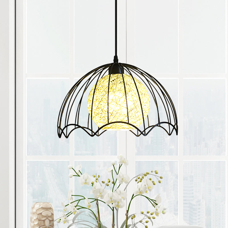 Industrial Dome Metal Hanging Lamp With Rattan Shade - 1 Light Black Ceiling Fixture For Dining Room