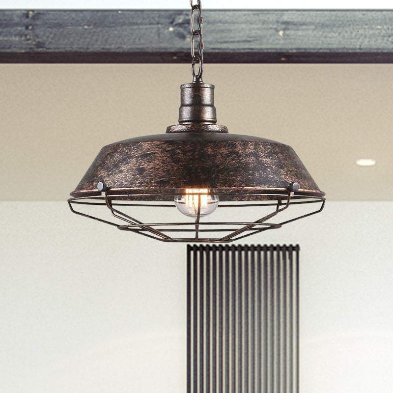 Rustic Wire Cage Pendant Light With Barn Shade In Antique Brass/Rustic Finish 1 10’/14’/18’ Width
