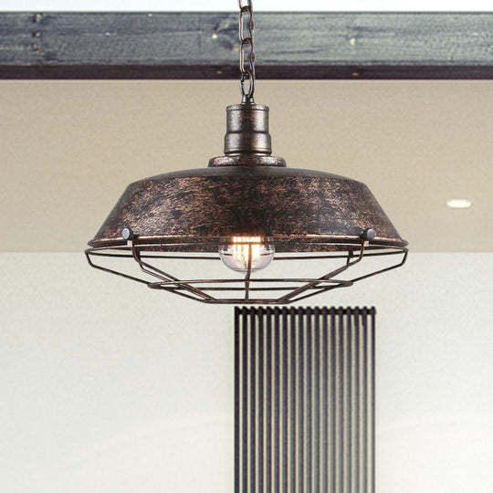 Rustic Wire Cage Pendant Light With Barn Shade In Antique Brass/Rustic Finish 1 10’/14’/18’ Width
