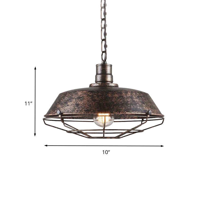 Rustic Wire Cage Pendant Light With Barn Shade In Antique Brass/Rustic Finish 1 10’/14’/18’ Width