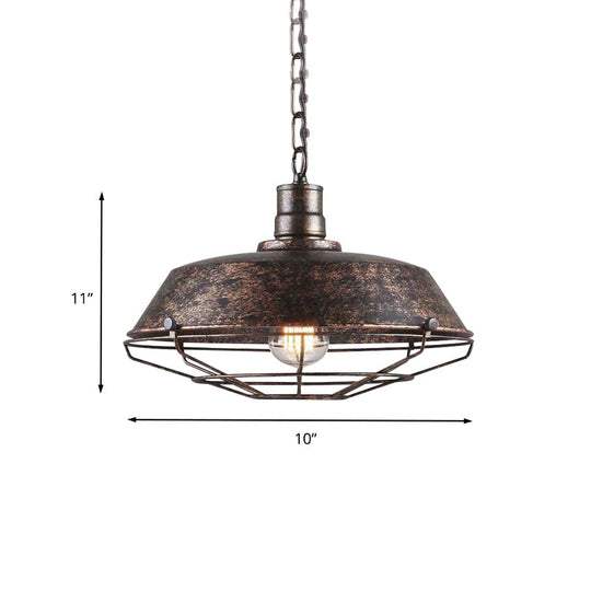 Rustic Wire Cage Pendant Light With Barn Shade In Antique Brass/Rustic Finish 1 10’/14’/18’ Width