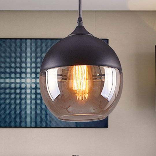 Industrial Cylinder Pendant Light With Brown Glass Shade - 1-Light Hanging Ceiling Fixture In Black