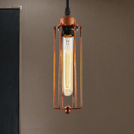 Vintage Style Dark Rust Tube Pendant Light With Wire Guard - Ideal For Kitchen Lighting
