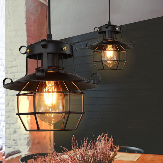 Vintage Industrial Satin Black Iron Pendant Lamp With Dome Cage Shade – Restaurant Ceiling Fixture