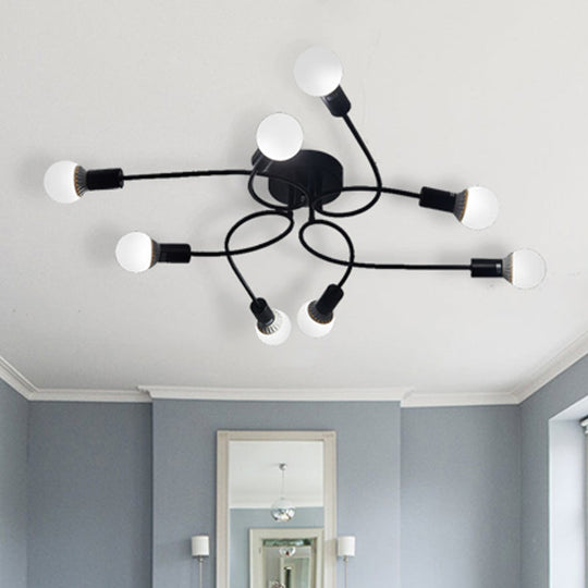 Vintage Style Twisted Arm 8-Light Semi Flush Mount Ceiling Light In Black/White For Living Room