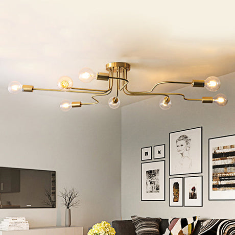 Vintage Metallic Semi Flush Light With Sputnik Design In Antique Brass/Black - Exposed Ceiling Mount