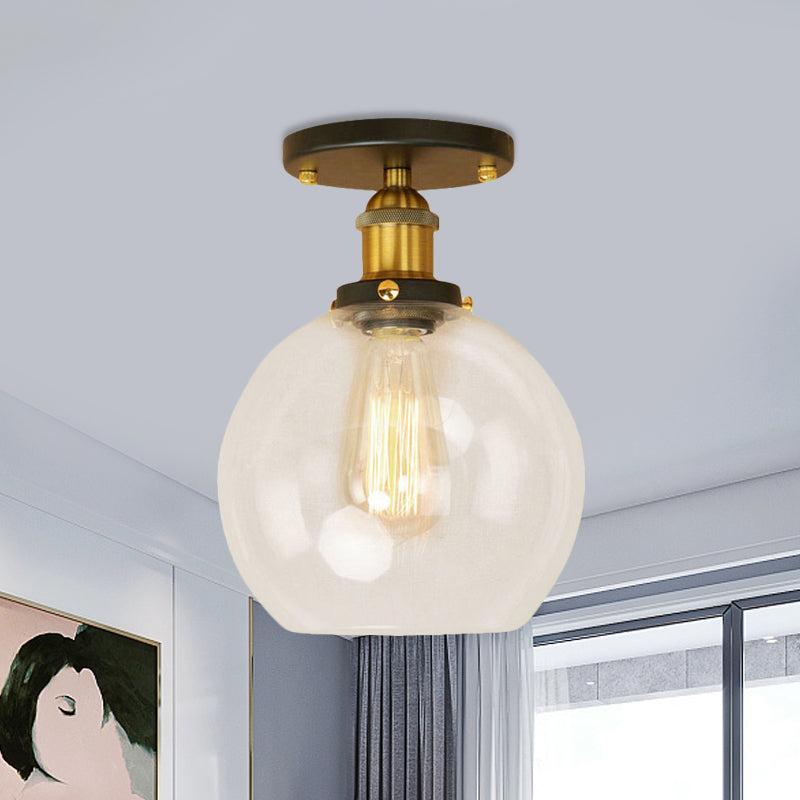 Industrial Clear Glass Spherical Balcony Ceiling Light Fixture – Black/Brass/Copper Satin Brass