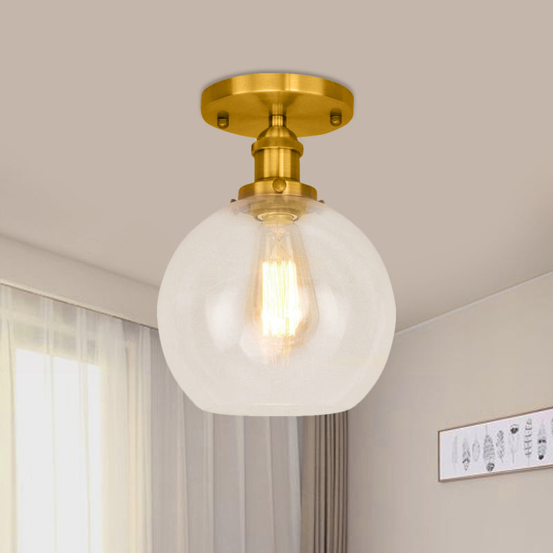 Industrial Clear Glass Spherical Balcony Ceiling Light Fixture – Black/Brass/Copper Brass